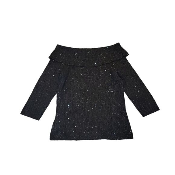 Vie By Victoria Royal Black Sequin Off the Shoulder Wool Silk Sweater M - Picture 3 of 8